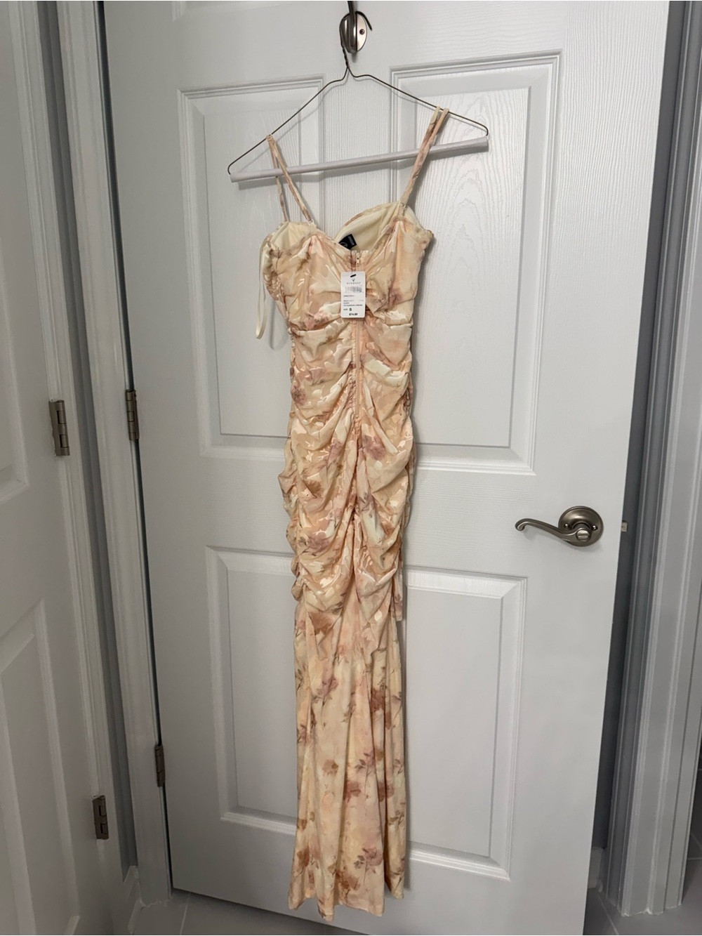 Windsor Cream Floral Ruched Spaghetti-Strap Maxi Dress